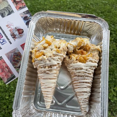2 Peach Cobbler Stuffed Cheesecake Waffle Cones 