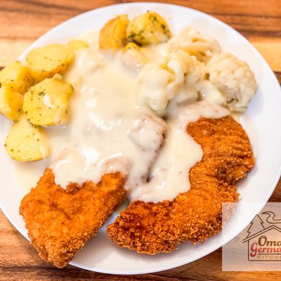 Wiener Schnitzel with Steamed Parsley Potatoes and Cauliflower Sauce (serves 6-8)