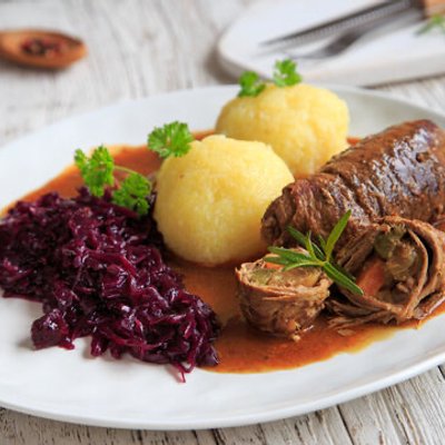 Beef Rouladen with Potato Dumplings and Red Cabbage (serves 6)