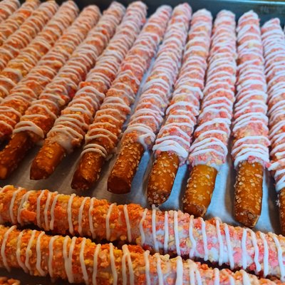 Gourmet Pretzel Rods (Caramel Wrapped Pretzels $35/doz; Strawberry Crunch Pretzels $30/doz)