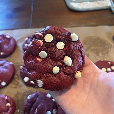 Red Velvet White Chocolate Chip Sourdough Cookies