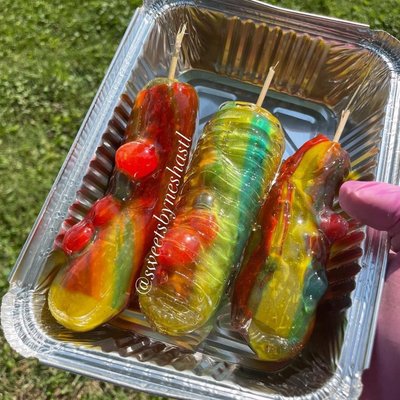 3 Stuffed Fruit Roll Up Pickles (skittles Or Gushers) (hot Pickle Or Regular) 