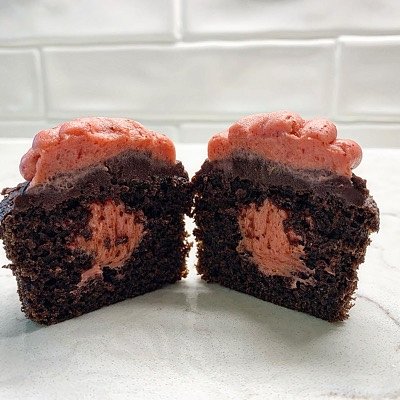 Chocolate Covered Strawberry- Chocolate cake with a layer of chocolate ganache, filled and topped with strawberry frosting