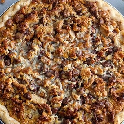 Texas Trash Pie (Pecans, Caramel, Coconut , Pretzels , Chocolate Chip )