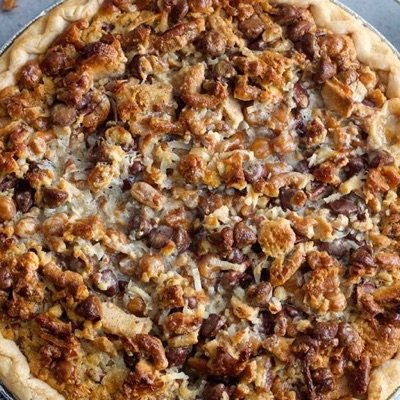 Texas Trash Pie (Pecans, Caramel, Coconut , Pretzels , Chocolate Chip )