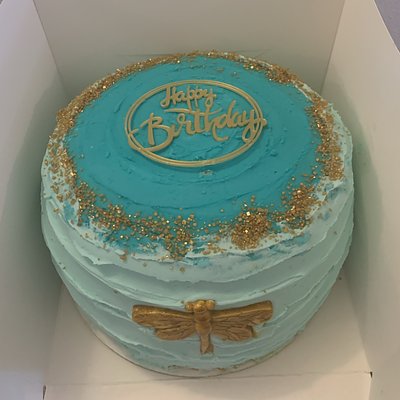 Red Velvet Cake - 8 Inch - 4 Layers - w/Gold Fondant Dragon Fly & Branches & Little Flowers - Buttercream Frosting