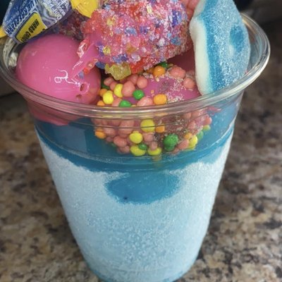 Blue Raspberry Cold Cup With Candied Grapes And Candy