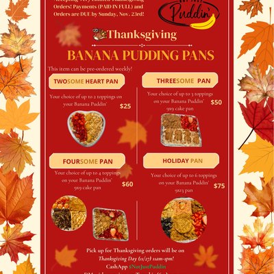 Thanksgiving Holiday Banana Puddin’ Pan (Up To 6 Toppings of Your Choice)