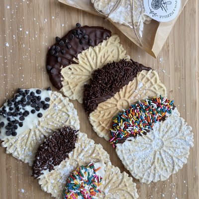 A Box Of CHOCOLATE DIPPED Pizzelles (One Dozen Cookies)