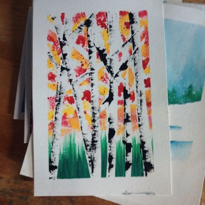 Handmade Watercolor Winter Scene Reds And Yellows