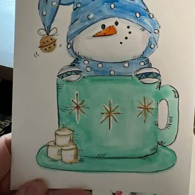  Watercolor Postcard Snowman In Blue Mug 