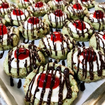 Pistachio Cookies With Cream, Chocolate Ganache And Cherry 