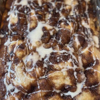 Browned Butter Cinnamon Roll Sourdough Focaccia with Vanilla Bean Icing