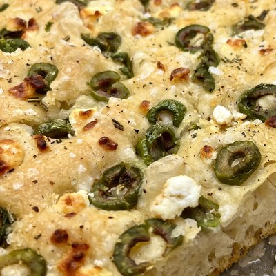 Focaccia - Green Olives, Feta Cheese, Toasted Pine Nuts, Parsley