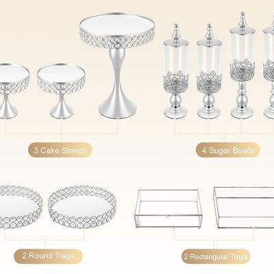11 Pcs Silver Dessert Stands And Trays Set