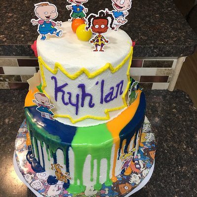 Rugrats 2 Tier Vanilla Cake With Colorful Drizzle Feeds 50 Ppl Custom Cake Board