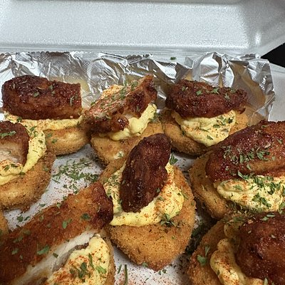 Honey, barbecue chicken, fried deviled eggs