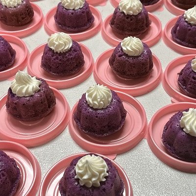 Baby Bundt Assortment: Order minimum is 120 cakes.  Ube, Chocolate, Lemon, Strawberry-Guava, & Cookie Butter. 
