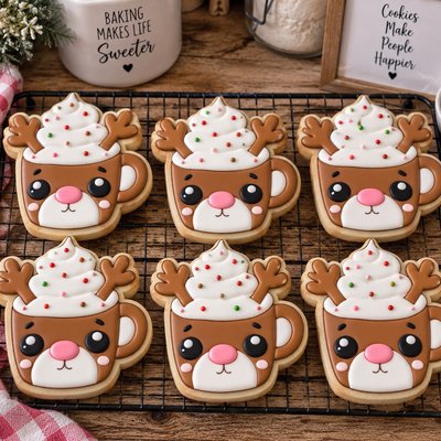 Reindeer Coffee, Cup  Sugar Cookies Set Dozen 