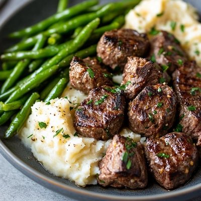 Garlic Butter Steak Bites with Green Beans & Mashed Potatoes 