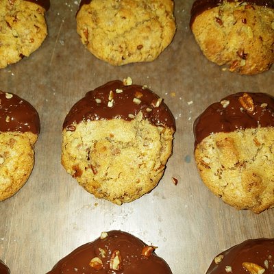 Chocolate Dipped Toffee Pecan Cookies