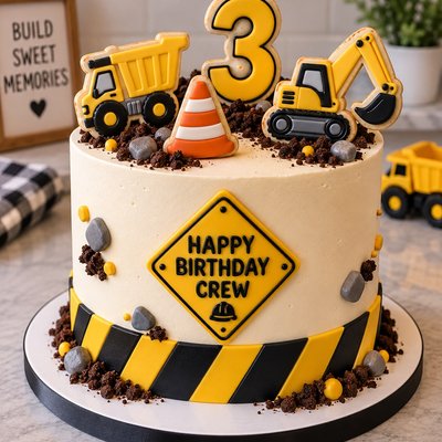 Construction Trucks Celebration Cake With Cookies