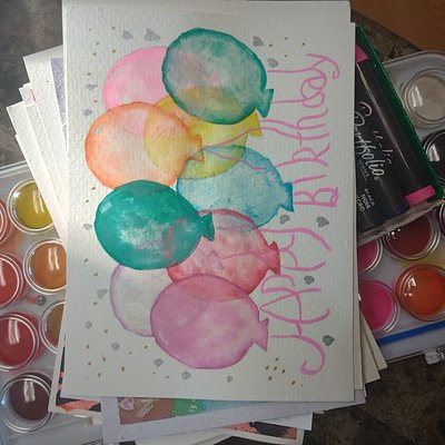 Watercolor Postcard Happy Birthday Balloons