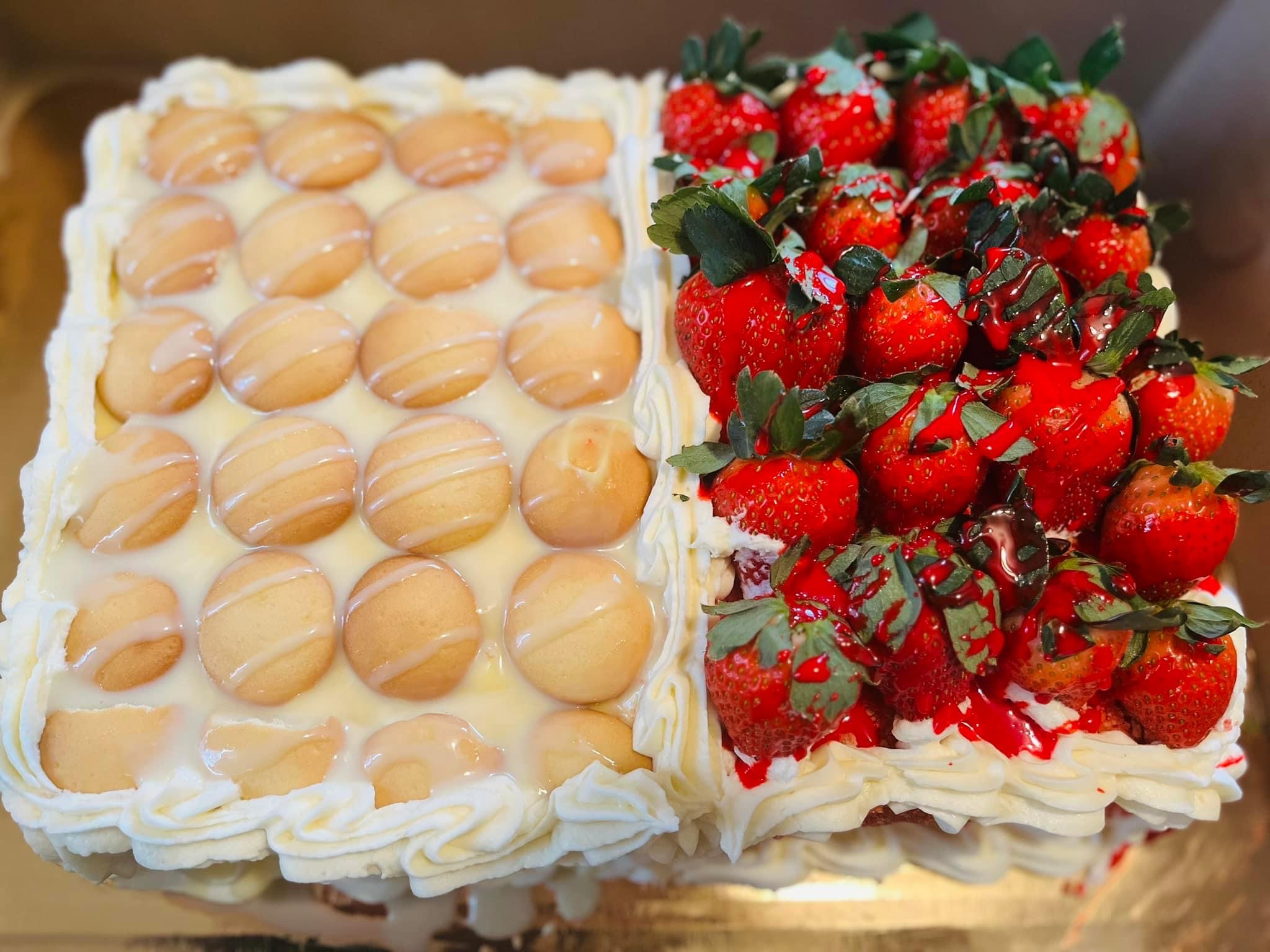 Half & Half Strawberry Crunch/Banana Pudding Cake  (Half Sheet Cake)