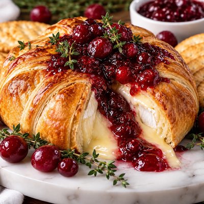 Baked Brie Wrapped Pastry with Hot Pepper Bacon Jam or Cranberry