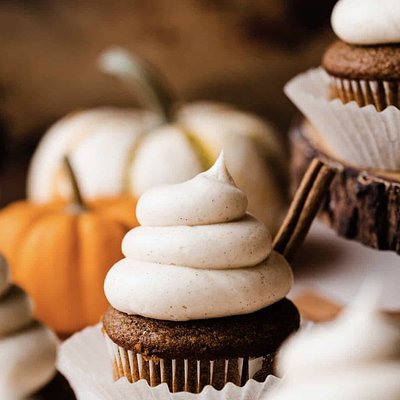 Pumpkin cupcakes with brown butter, cream cheese frosting