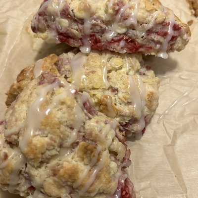 Raspberry White Chocolate Sourdough Scones W/ Vanilla Glaze Drizzle 