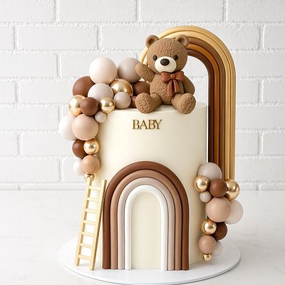 Neutral Teddy Baby Shower Cake 