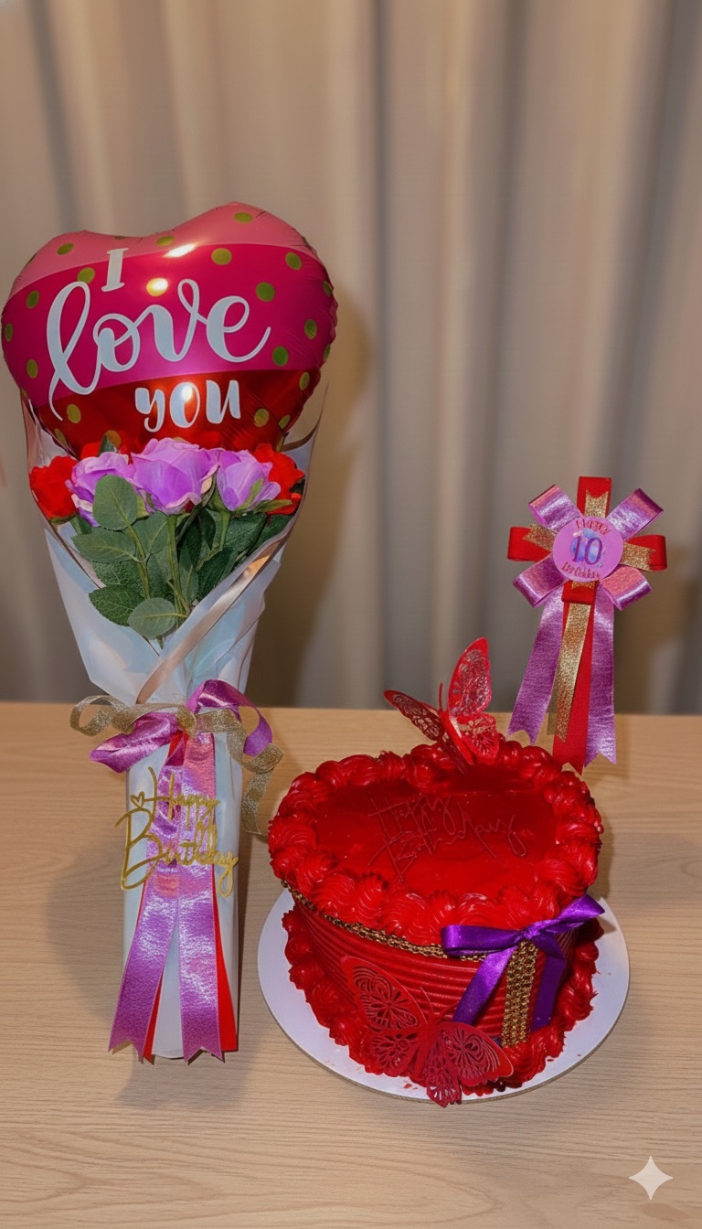 Cake, Ribbon And Bouquet Bundle