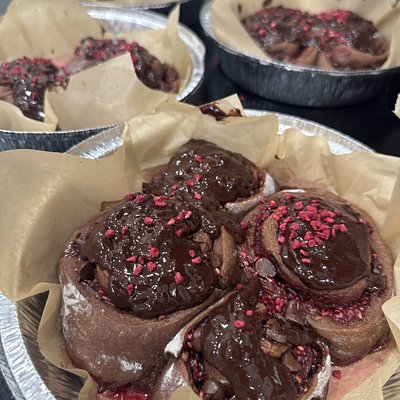 Raspberry Cocoa Sourdough Sweet Rolls 8in Pan