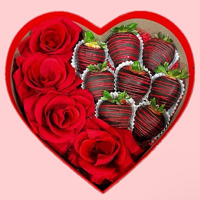 Strawberries in a Heart Box w/ Eternal Roses