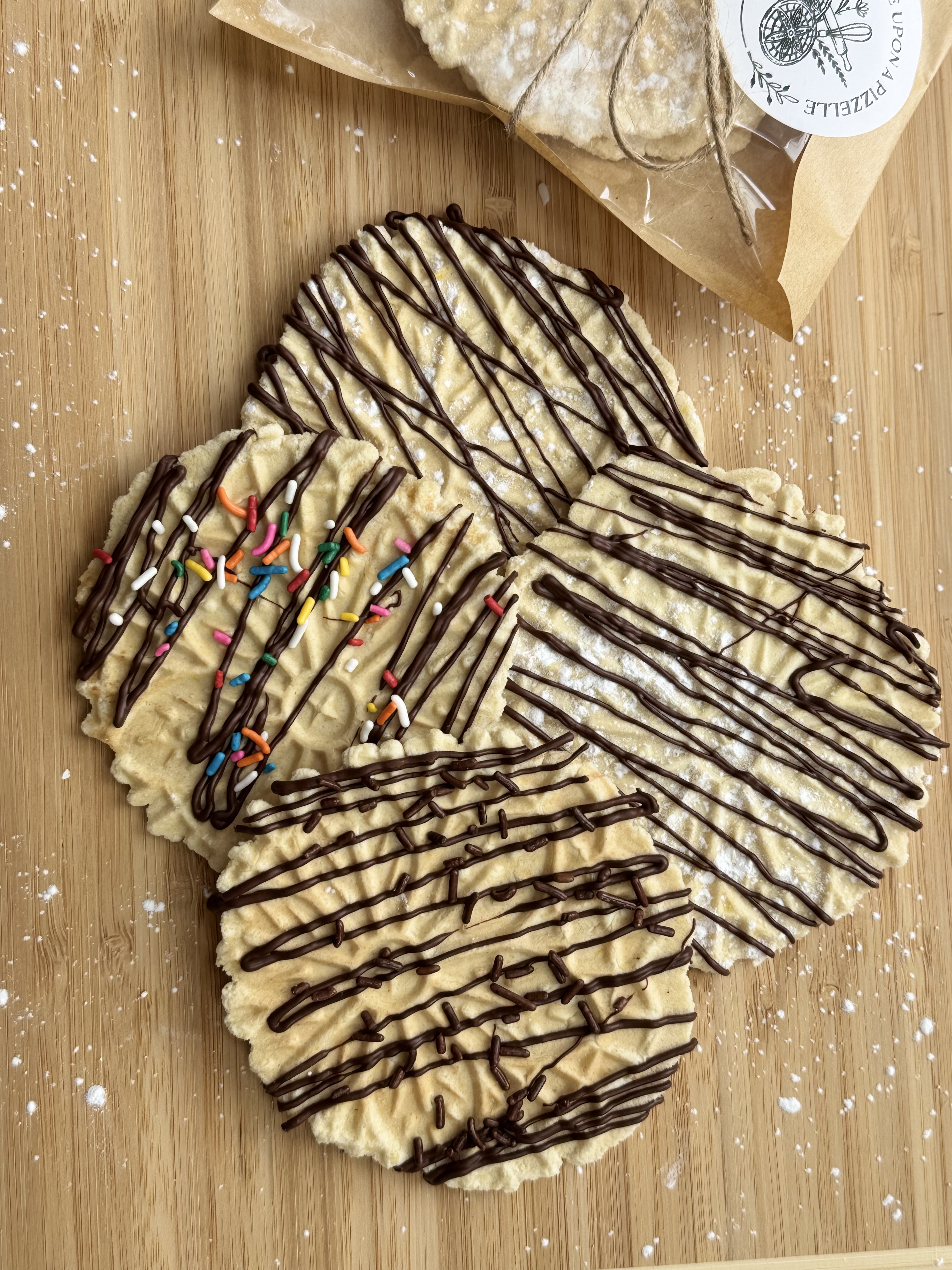 A Box Of CHOCOLATE DRIZZLED Pizzelles (One Dozen Cookies)
