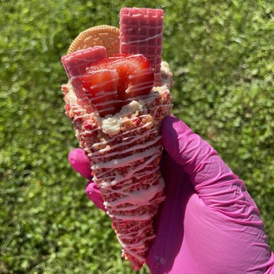 Strawberry Crunch Stuffed Cheesecake Waffle Cone (toppings Vary)