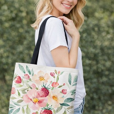 Strawberry Watercolour Floral Market Bag