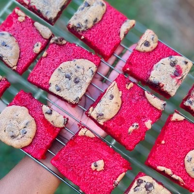 Red Velvet Brownies Top’d W/ Chocolate Chip Cookie