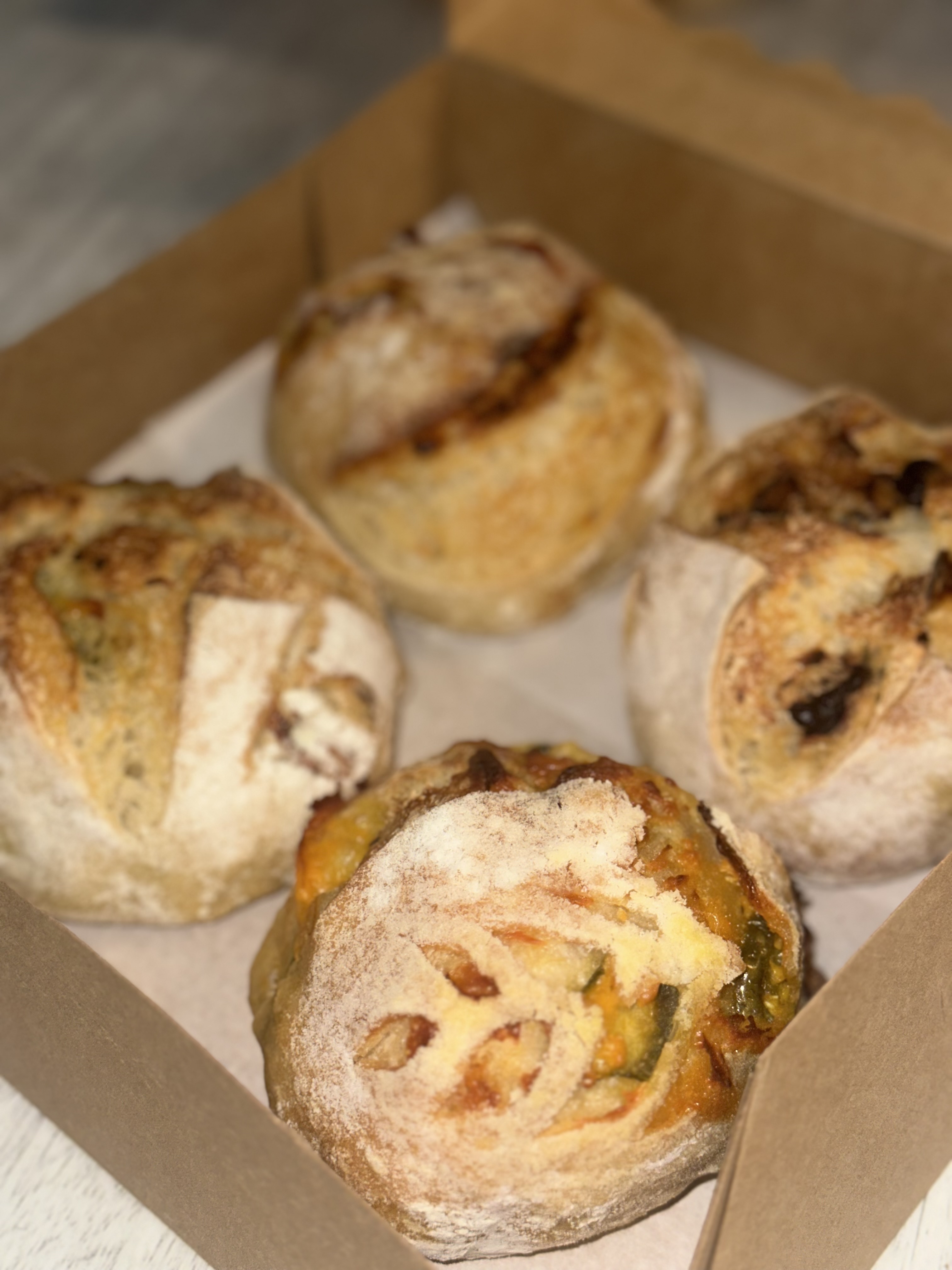 Sourdough Flight Mini’s (chocolate Chip, Pesto Mozzarella, Jalapeno Cheddar & Onion Cheddar)