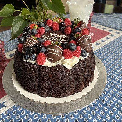 Chocolate Covered Strawberry And Berry Covered Bundt Cake