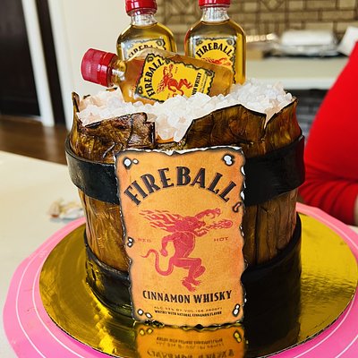 Barrel fondant cake with fireball