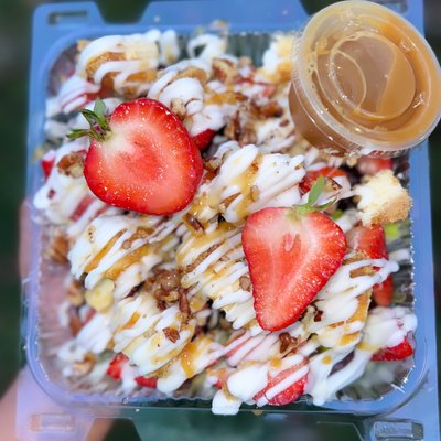 Cheesecake Fruit Salad Top’d W/ Carmel & Pecans 