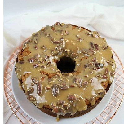 Mile High Sweet Potato Pound Cake with a Bourbon Pecan Caramel Glaze