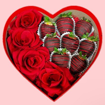 Strawberries in a Heart Box w/ Eternal Roses