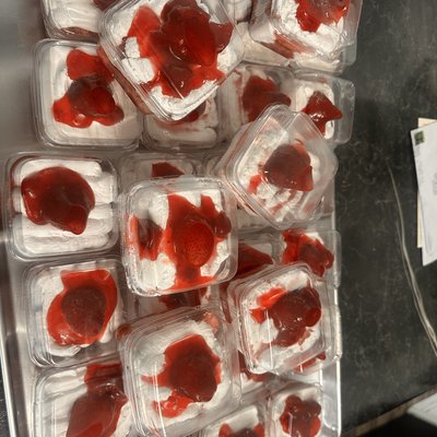 Strawberry Short Cake Mini Cake , Filled With Whipped Frosting , Homemade Strawberry Jam , Topped With Fresh strawberries