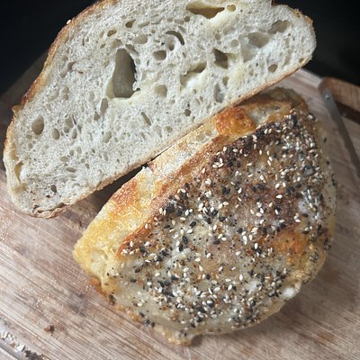 Everything seasoning and White Sharp Cheddar Sourdough loaf