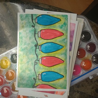  Watercolor Postcard Christmas Lights Blue And Red