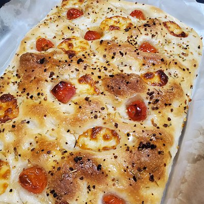 Focaccia W/Rosemary, Garlic, Onion, Sea Salt, Cherry Tomatoes & Cheese Curds