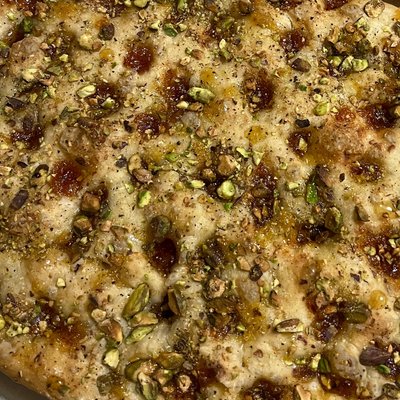 Focaccia - Chili Orange Jam, Pistachios, and Honey Drizzle